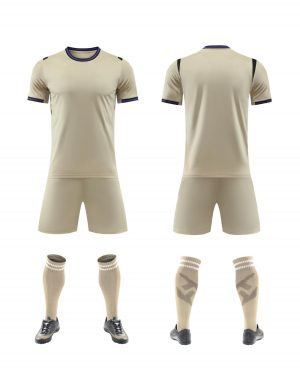 Cream short-sleeve blank soccer kit with black trim, front and back