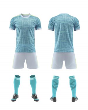 Light aqua patterned blank soccer kit with white shorts, front and back