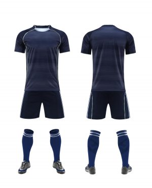 Navy check pattern blank soccer kit with matching shorts, front and back
