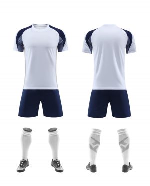 White and navy raglan blank soccer kit with matching shorts, front and back