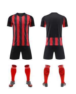 Red and black vertical-stripe blank soccer kit with black shorts, front and back