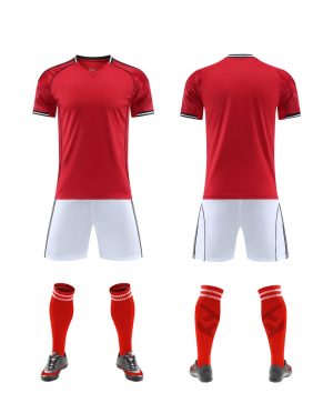 Red blank soccer kit with white shorts and black trim, front and back