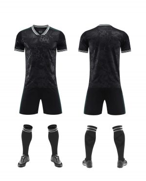 Black tonal pattern blank soccer kit with matching shorts, front and back