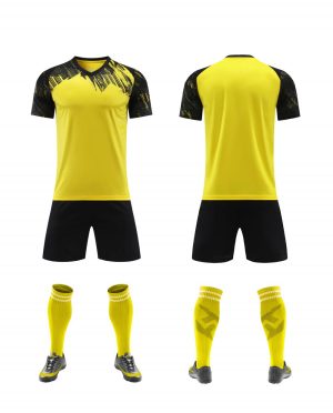 Yellow and black gradient blank soccer kit with matching shorts, front and back