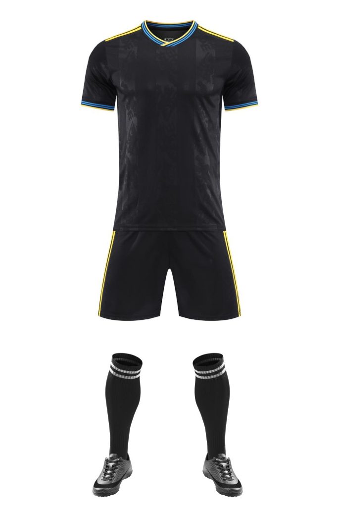 Black Blank Soccer Kit with Yellow Piping and Matching Shorts – Style 4478074
