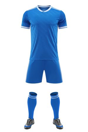 Royal blue blank soccer kit with white collar trim, front and back
