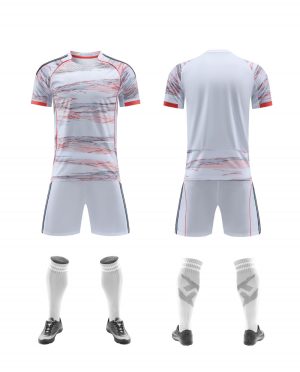 White red and gray stripe blank soccer kit with shorts, front and back