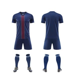 Navy blank soccer kit with red center stripe, front and back