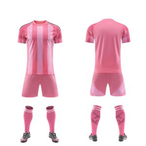 Pink vertical-stripe blank soccer kit with shorts, front and back