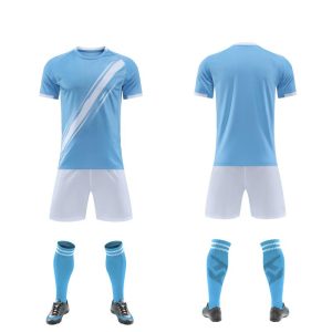 Sky blue diagonal-stripe blank soccer kit with white shorts, front and back