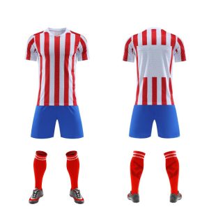 Red and white vertical-stripe blank soccer kit with blue shorts, front and back