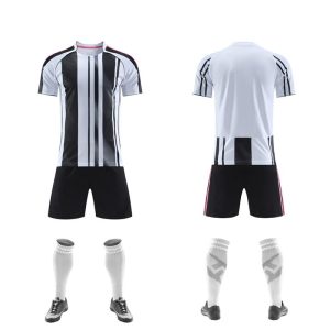 Black and white vertical-stripe blank soccer kit, front and back