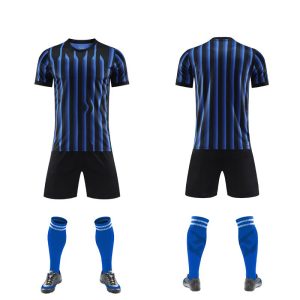 Blue and black vertical-stripe blank soccer kit, front and back
