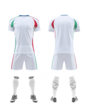 White blank soccer kit with red and green accents, front and back