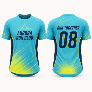 Aqua and fluorescent yellow custom marathon running shirt front and rear views