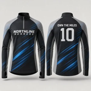 Charcoal electric blue and silver custom long sleeve quarter zip running top front and rear views
