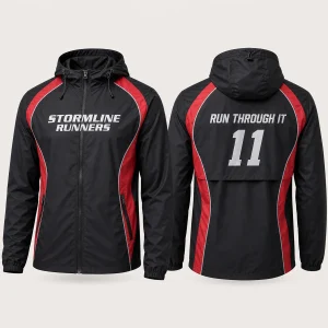 Obsidian black and storm red custom hooded running windbreaker front and rear views