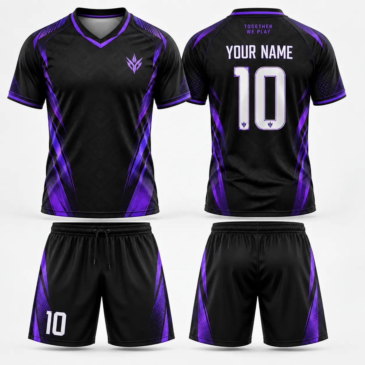 Black purple custom soccer kit front and back view