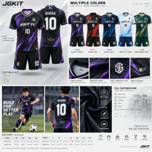 Five-color custom soccer kit series with jersey shorts fabric details and size chart