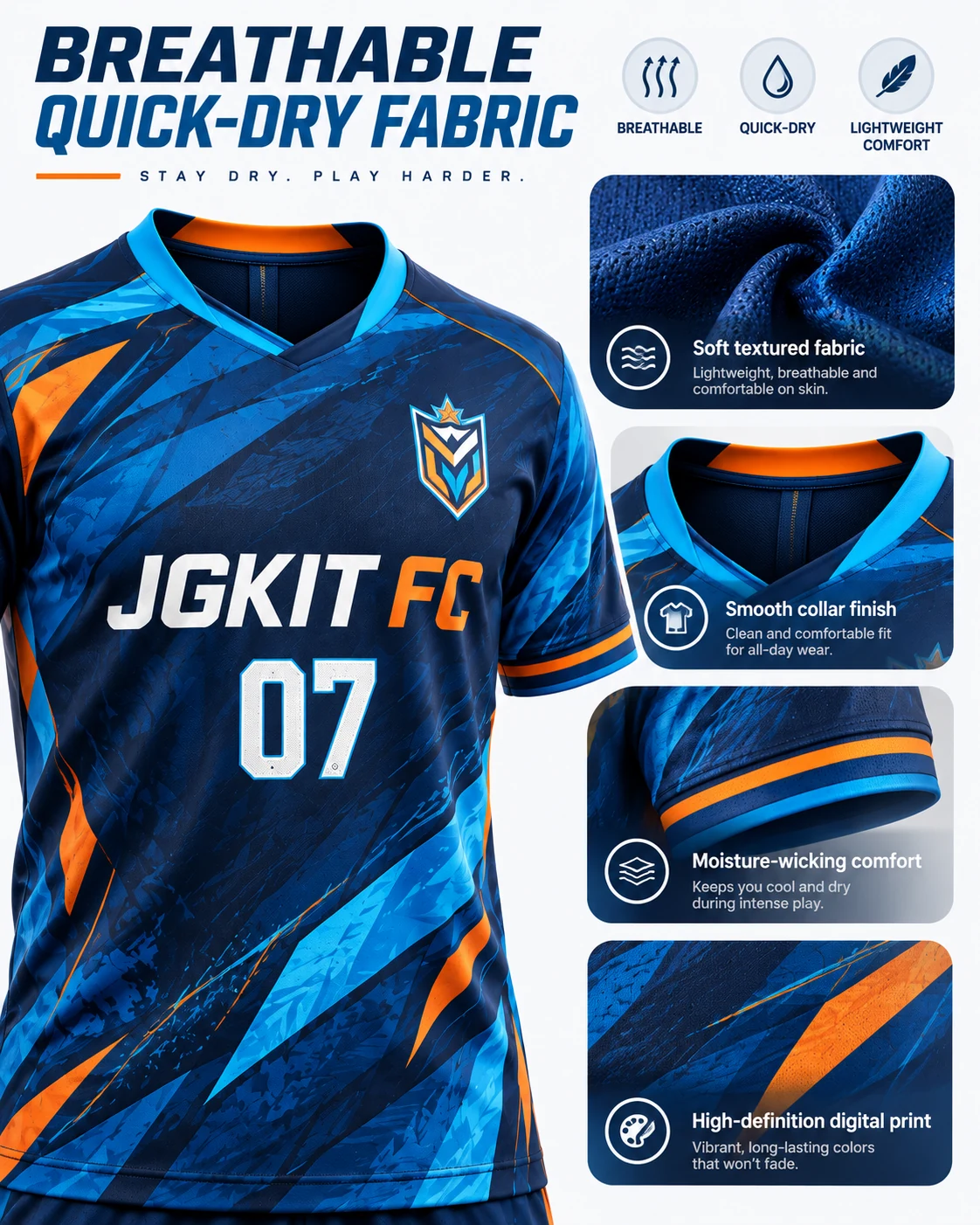Breathable quick-dry fabric and high-definition sublimation print details