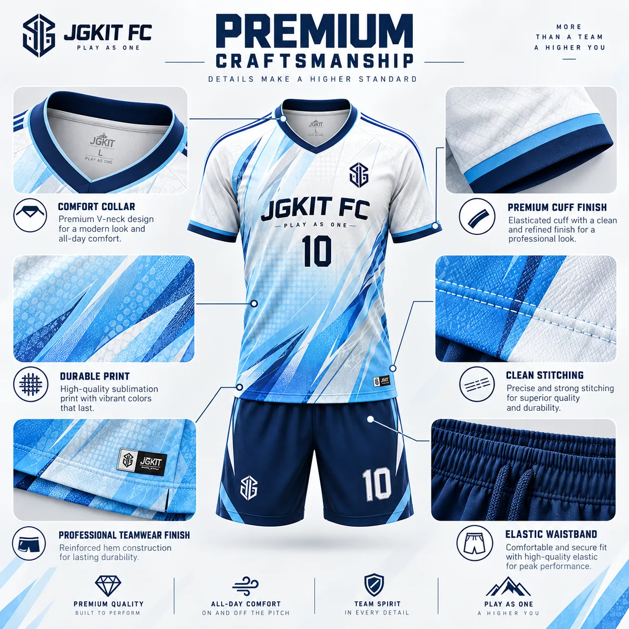Craftsmanship details of the custom soccer jersey and shorts