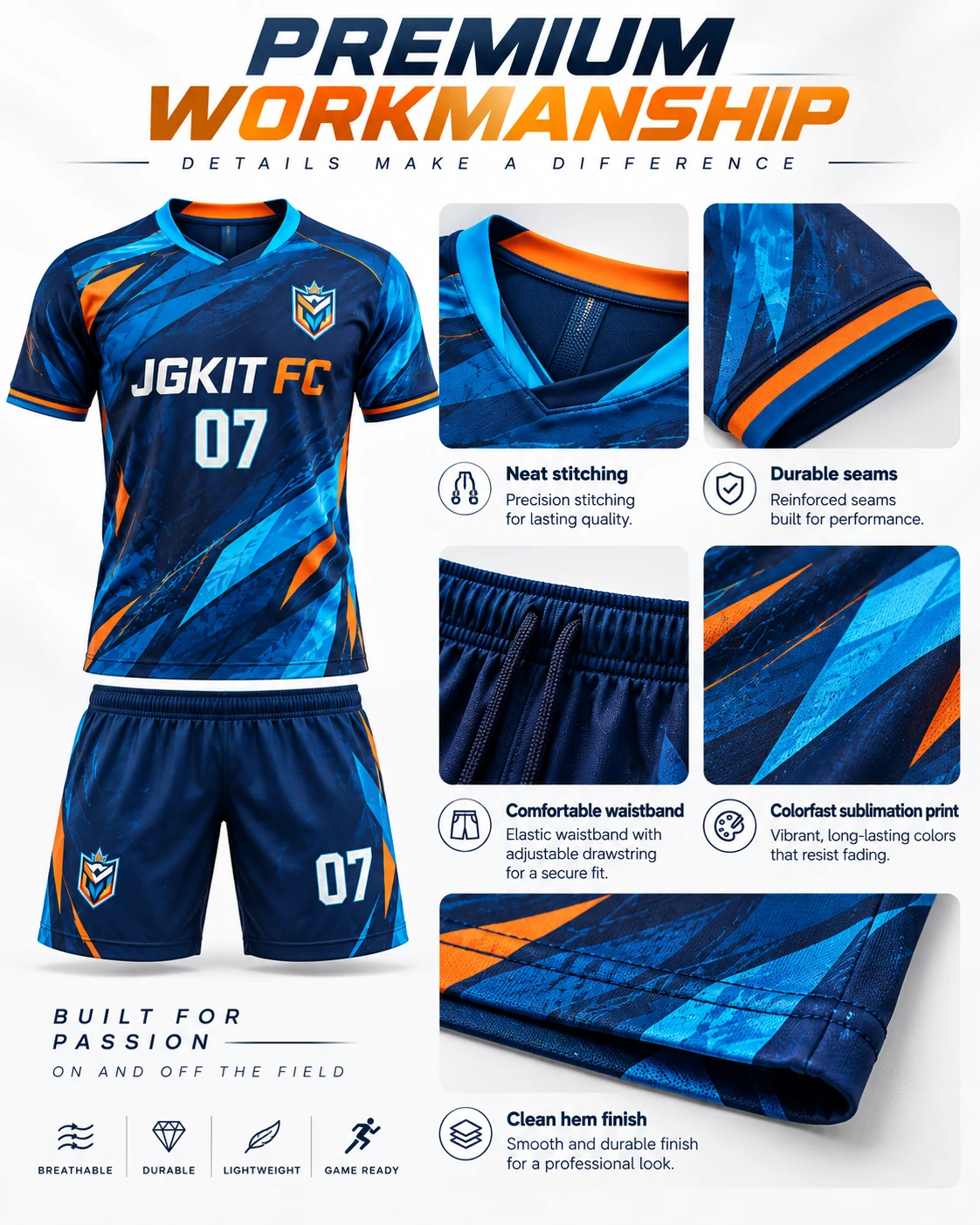 Premium workmanship details for a custom sublimation soccer uniform