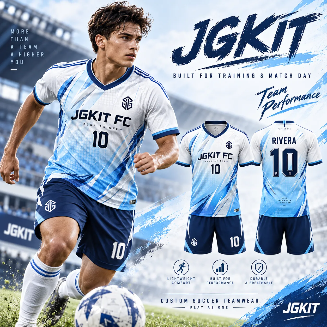 Performance lifestyle poster showing the custom soccer teamwear in use