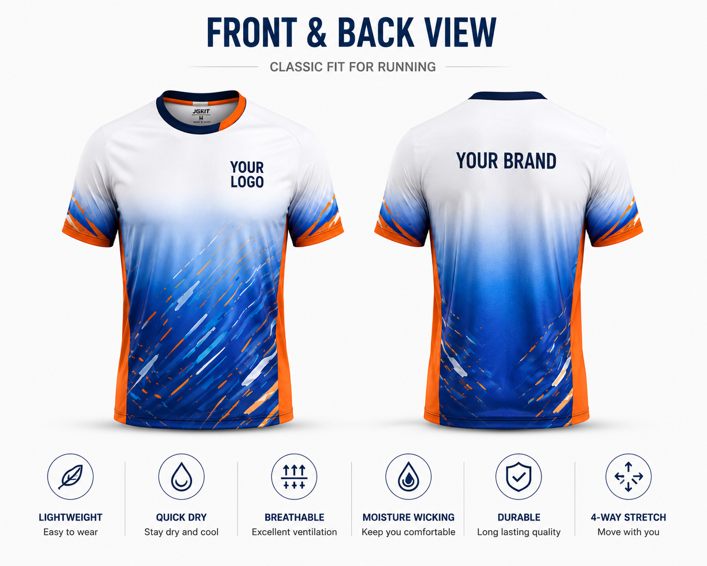 Front and back view of custom private label running shirt