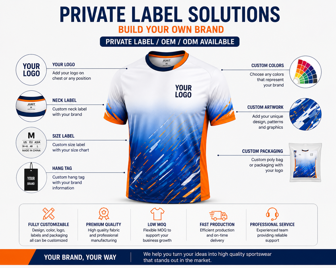Private label running wear with custom logo labels and packaging