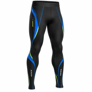Custom compression running tights in black with electric blue neon details and a performance athletic fit