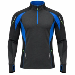 Custom half zip running top in charcoal black with electric blue panels reflective details and thumbhole cuffs
