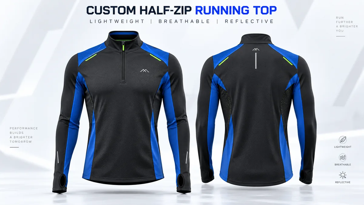 Front and back overview of a custom half zip running top for clubs teams and private label buyers