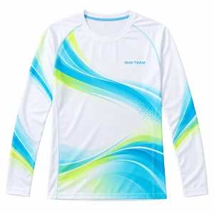 Custom long sleeve running shirt in white aqua blue and lime gradient performance design