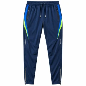 Custom running pants in deep navy blue with bright side panel details and tapered athletic fit