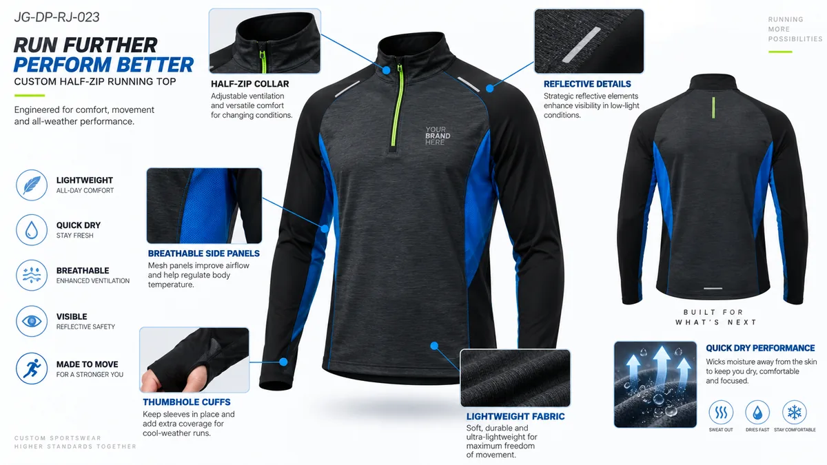 Performance details of a half zip running top with thumbholes breathable side panels and reflective accents