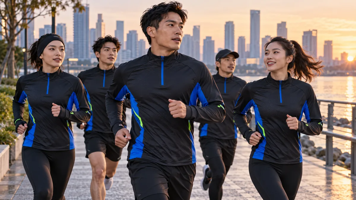 Urban sunrise running team wearing custom half zip performance running tops