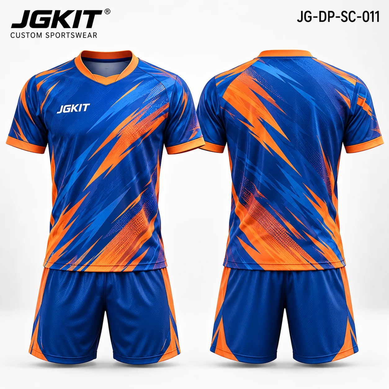 JG-DP-SC-011 blue orange custom digital print soccer kit front and back