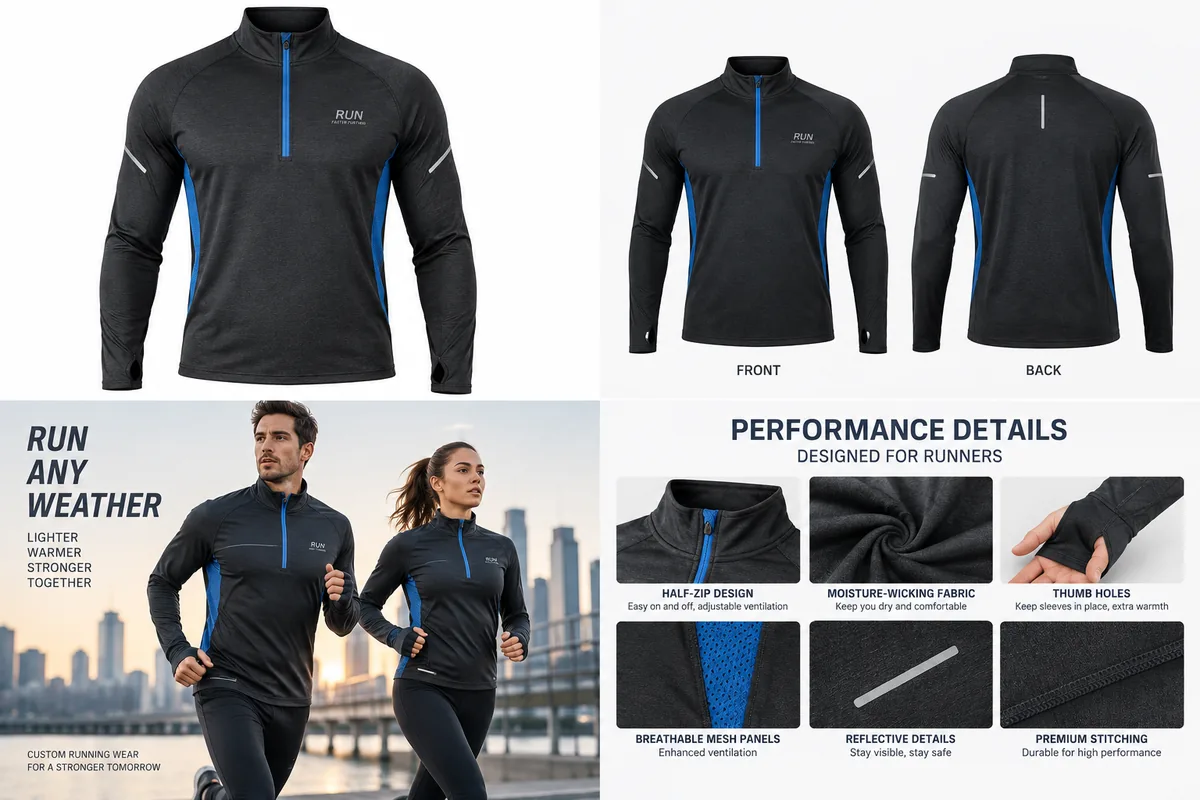 OEM half zip running top manufacturing and product development presentation for private label buyers