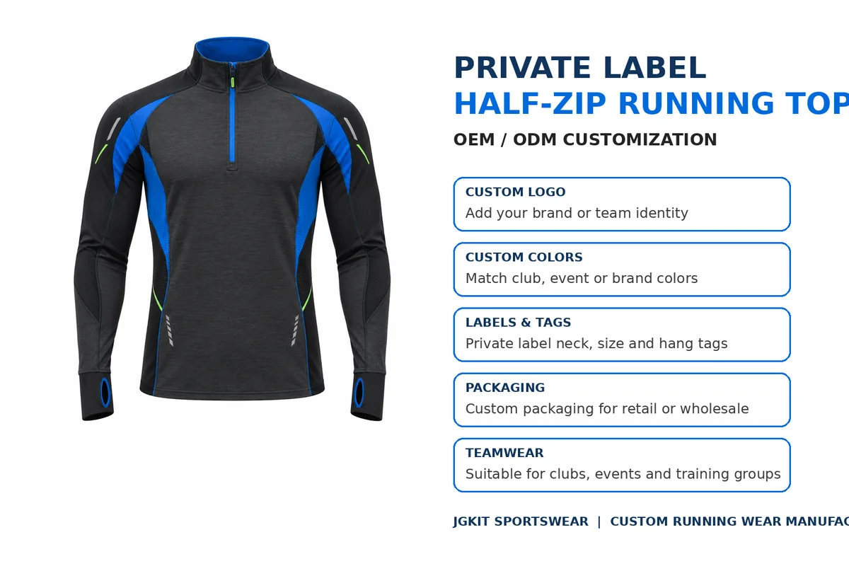 Private label customization options for custom half zip running tops including logo labels colors and packaging