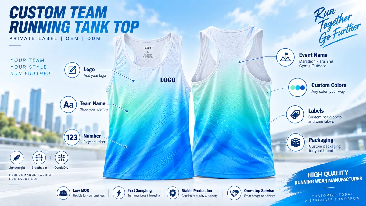 Private label custom running tank top with logo, team name, color and packaging options