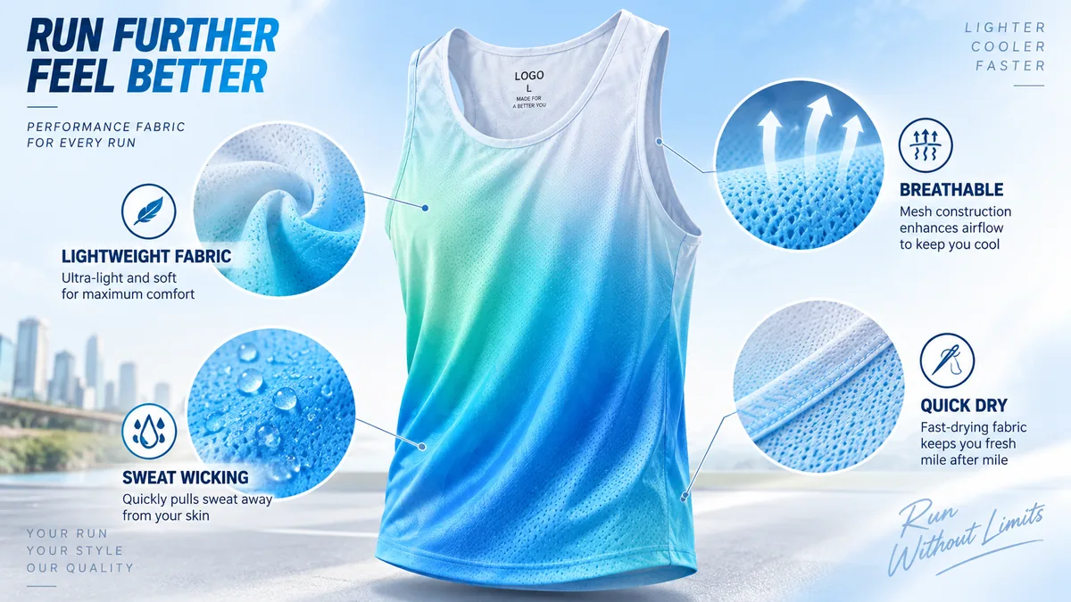 Performance feature details of a lightweight breathable quick dry running tank top