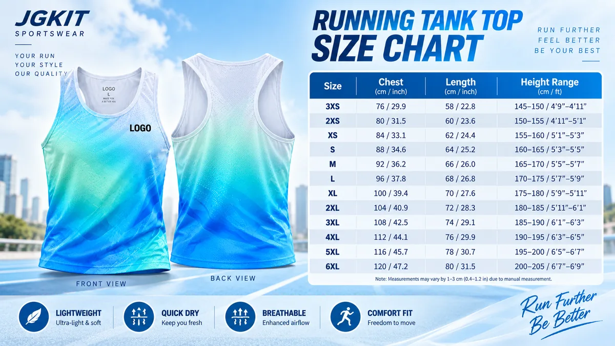 Running tank top size chart and fit guide for custom team running wear