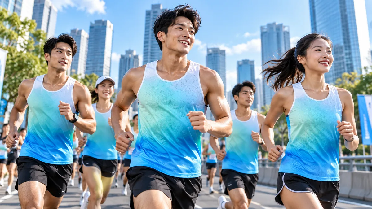 Running team wearing custom tank tops in a bright outdoor marathon training scene