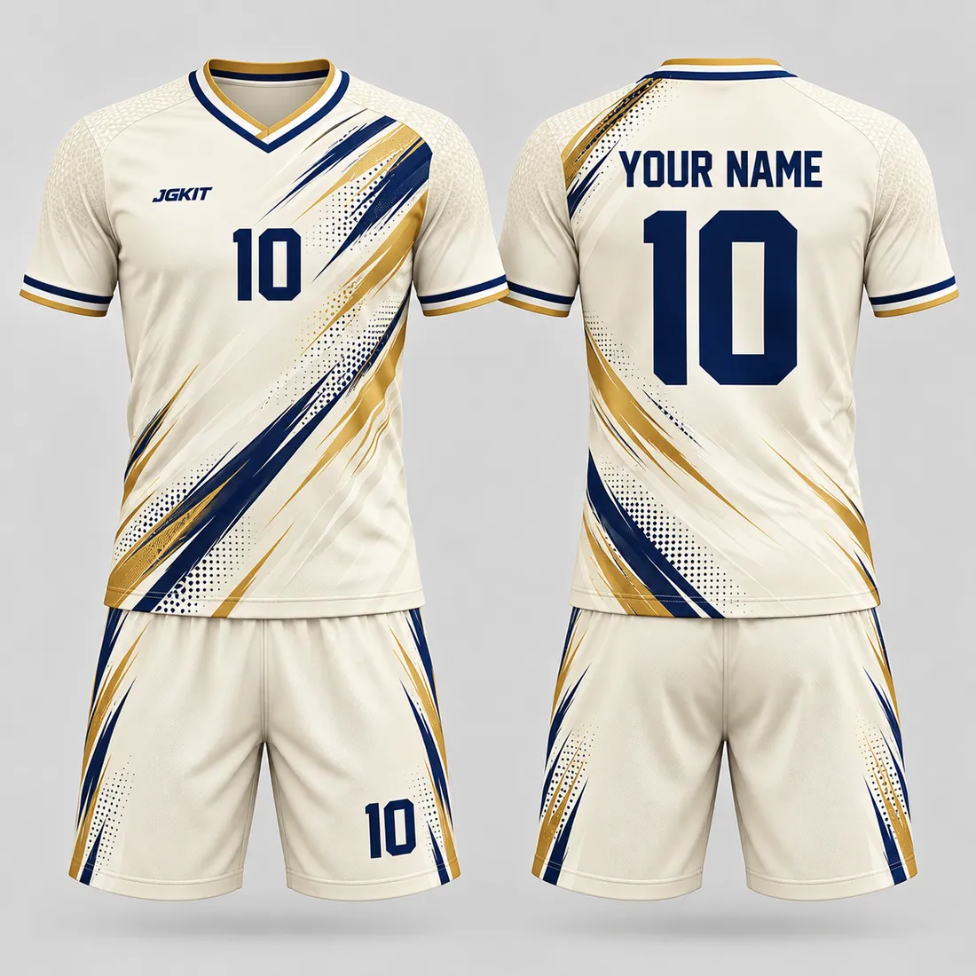 JGKIT JG-DP-SC-016 Ivory Navy Gold custom soccer jersey kit front and back